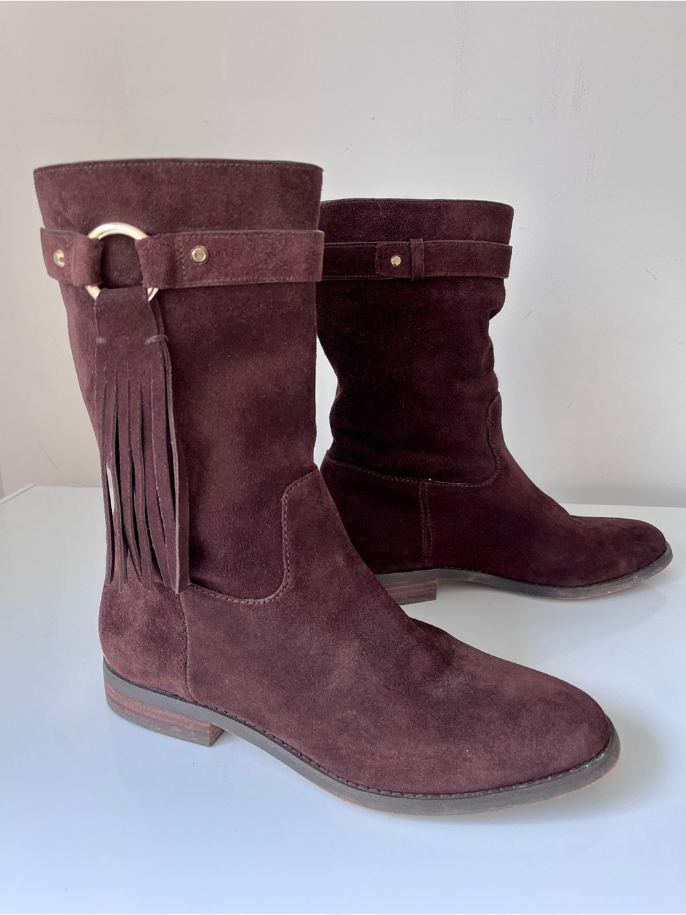Michael Kors Chocolate Brown Suede Slouchy Mid-Calf Boots Tassel Size 8